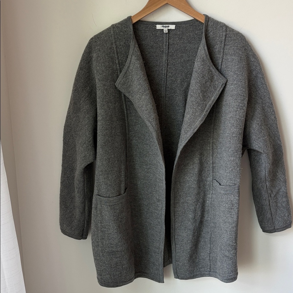 Madewell Merino Wool Open Front Cardigan Sweater Jacket in Grey Pockets Size M/L